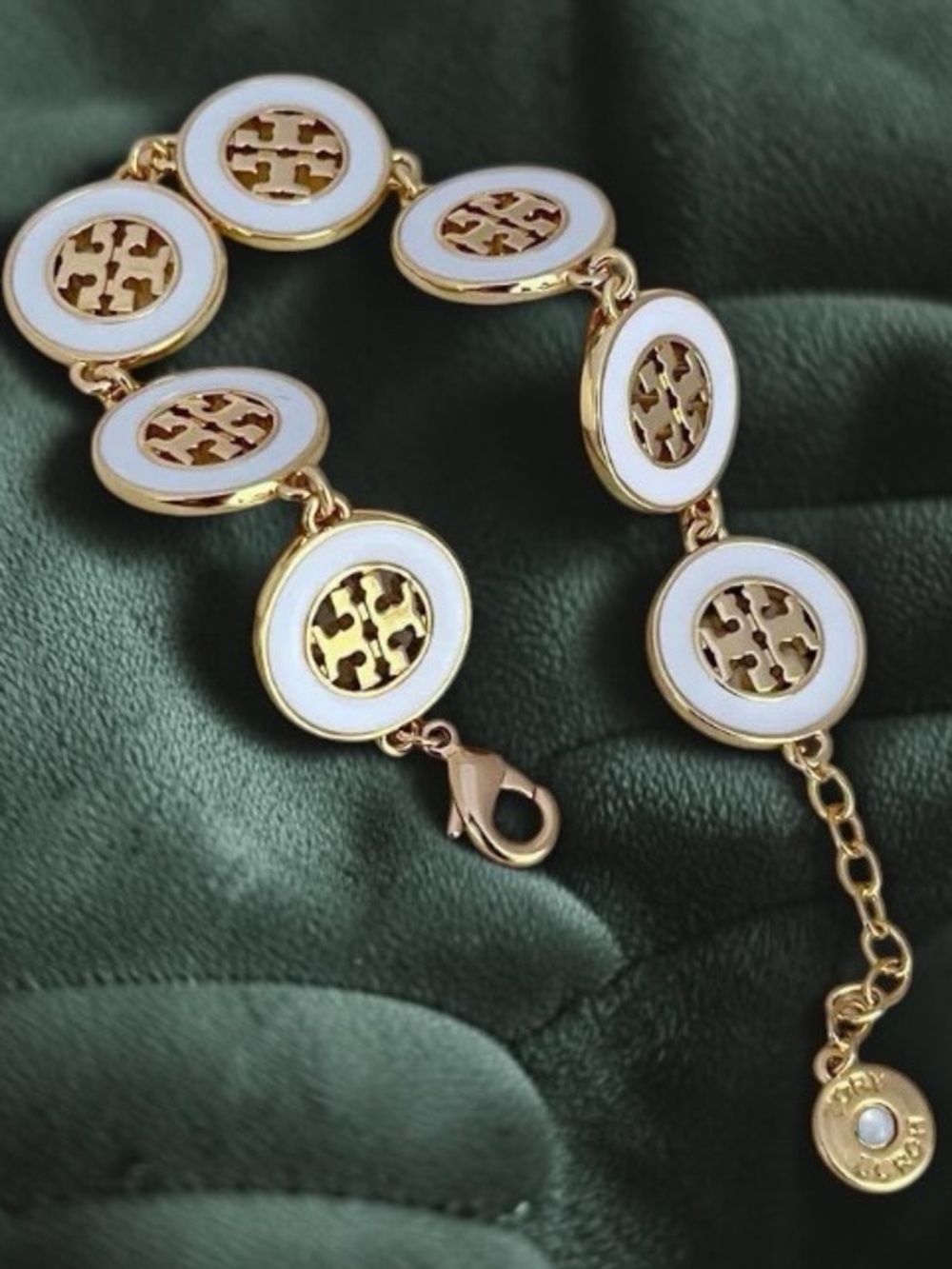 Tory Burch White Enamel Gold Hollow Round Bracelet | New with dust bag